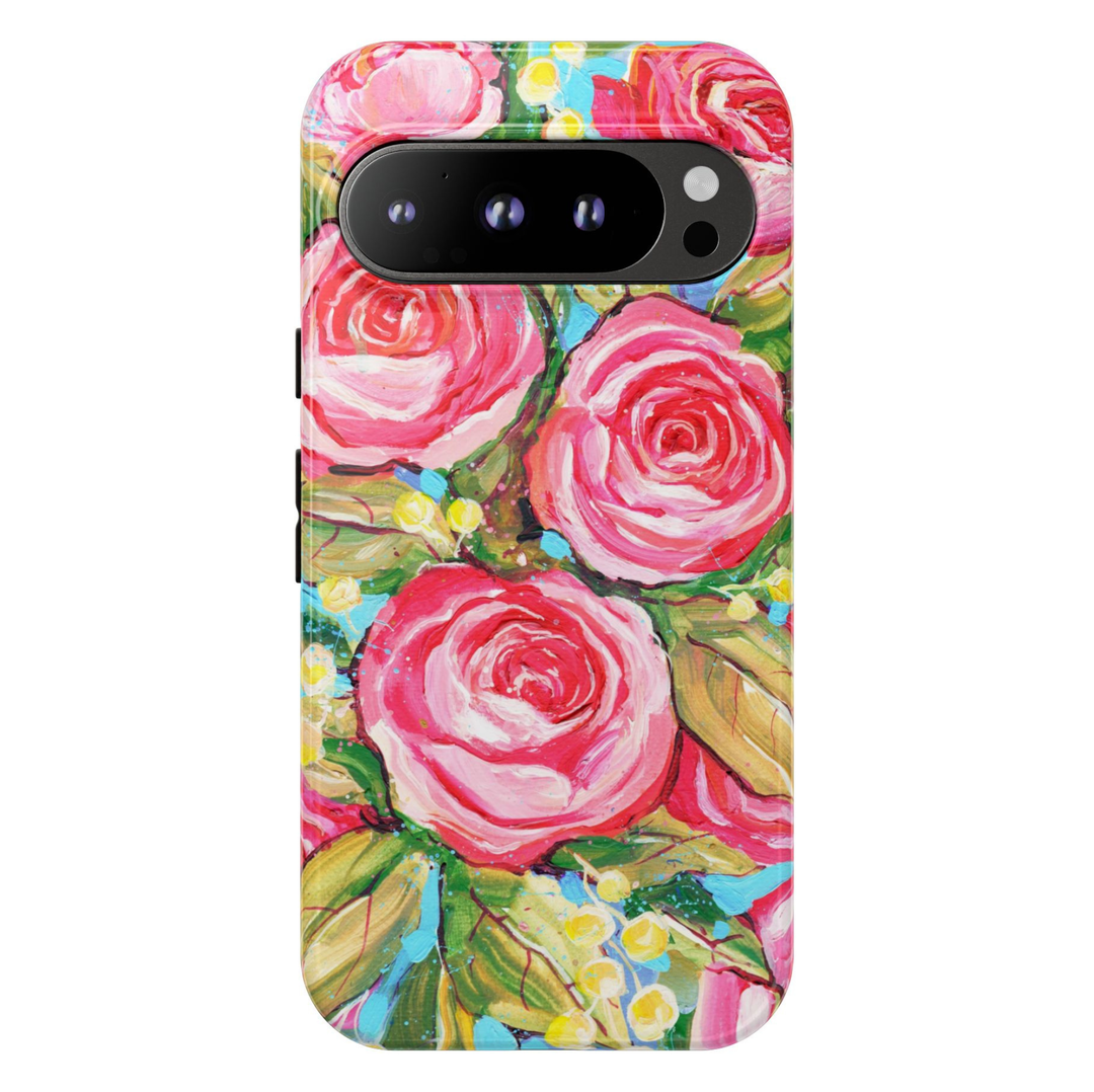 Google Pixel 10 protective phone case featuring a hand-painted bouquet of pink roses with green leaves, delicate yellow flowers, and colorful painterly floral artwork.