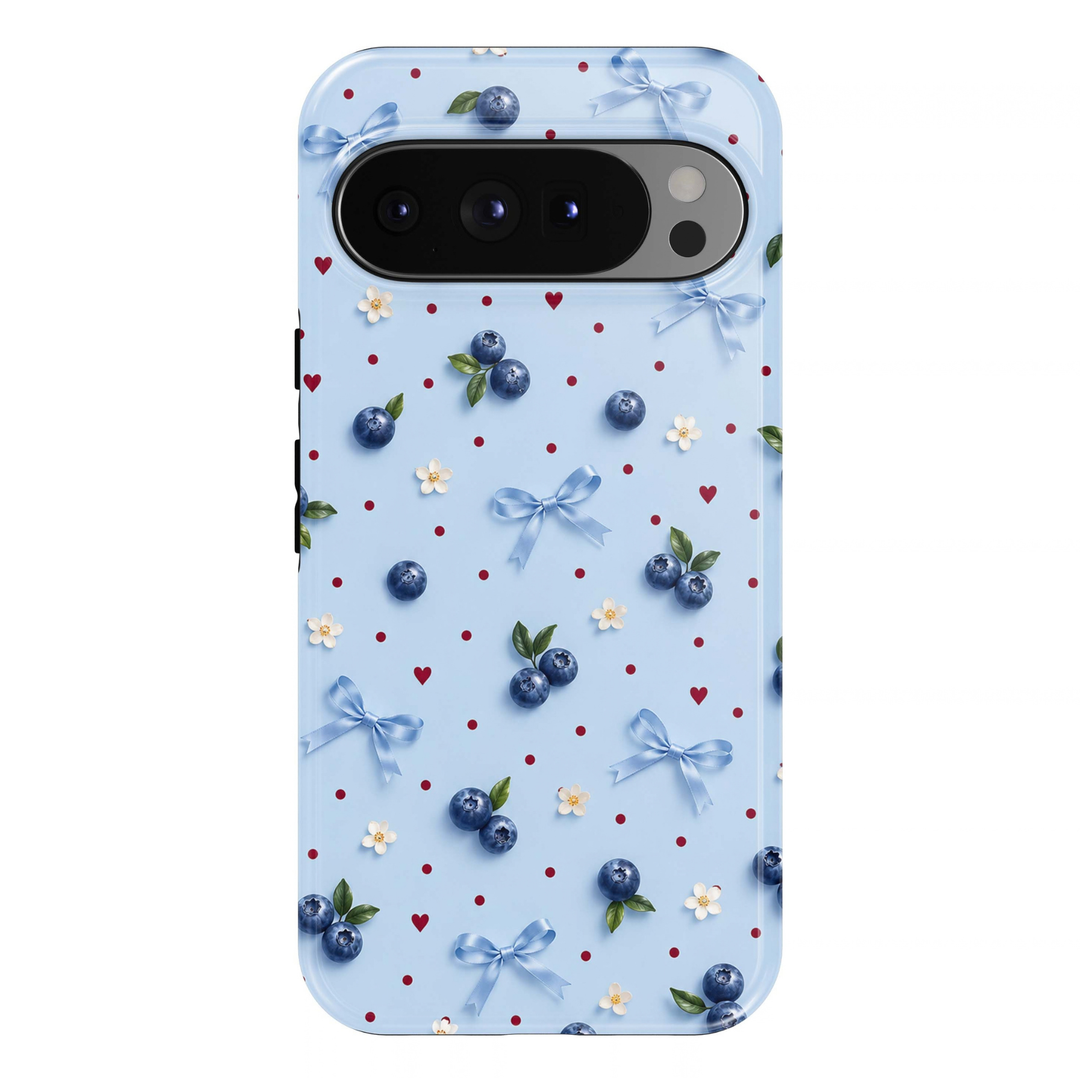 Blueberry Sweetheart Google Pixel phone case featuring blue blueberries, baby blue satin bows, tiny red hearts, white blossoms and red polka dots on a pastel blue background.