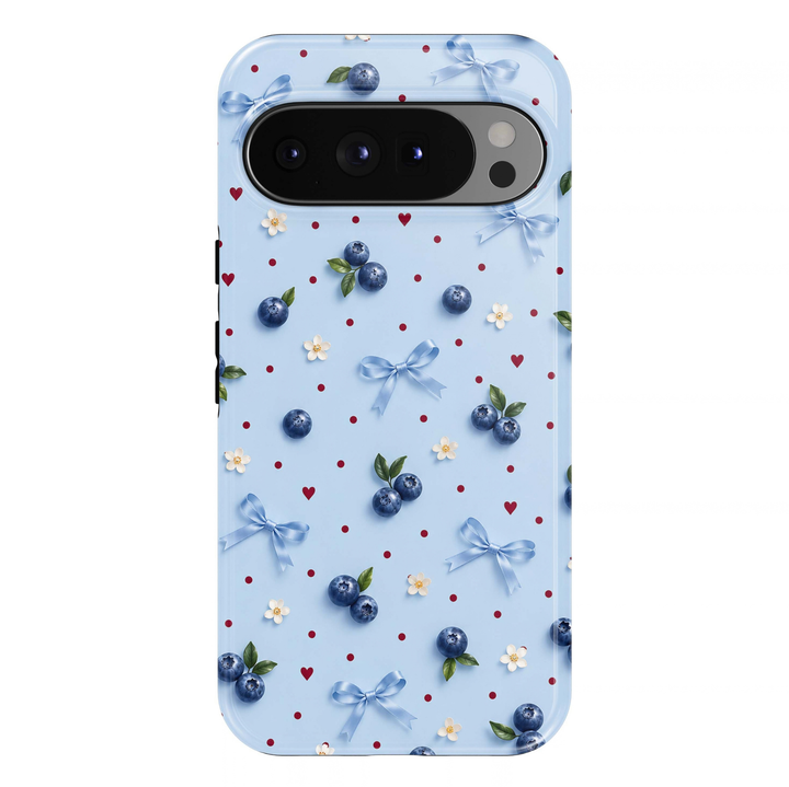 Blueberry Sweetheart Google Pixel phone case featuring blue blueberries, baby blue satin bows, tiny red hearts, white blossoms and red polka dots on a pastel blue background.