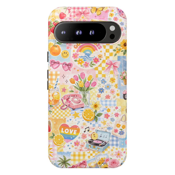 Retro aesthetic Google Pixel 10 Pro case with colorful vintage collage design featuring rainbows tulips lemons butterflies and retro icons protective tough case compatible with Pixel 10 Pro Pixel 9 Pro and Pixel 8 Pro cute pastel phone cover.