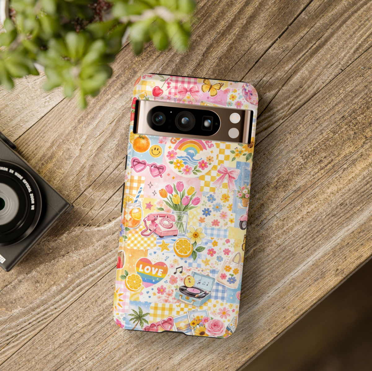 Retro aesthetic Google Pixel 10 Pro case with colorful vintage collage design featuring rainbows tulips lemons butterflies and retro icons protective tough case compatible with Pixel 10 Pro Pixel 9 Pro and Pixel 8 Pro cute pastel phone cover.