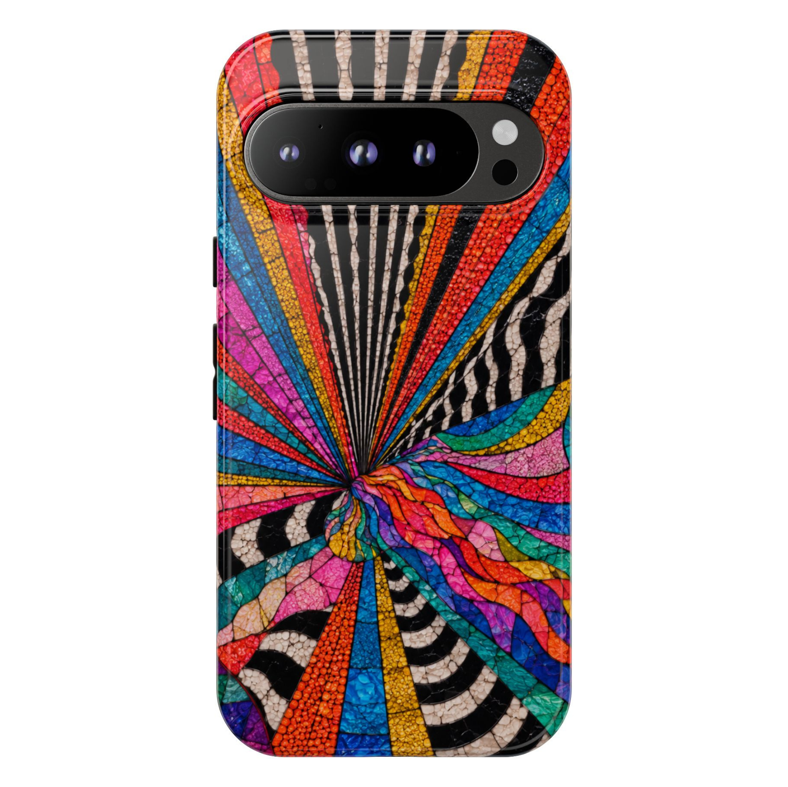 Protective Google Pixel 10 Pro phone case featuring a vibrant rainbow spiral mosaic with colorful abstract geometric patterns, black-and-white accents, and durable dual-layer protection.