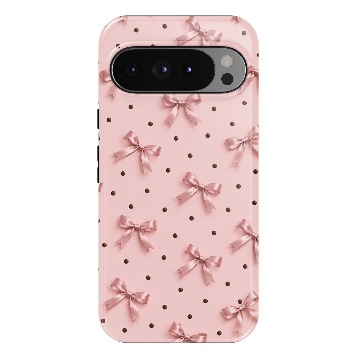 Blush & Bows Google Pixel phone case featuring delicate blush pink satin bows and tiny chocolate brown polka dots on a soft pink background.