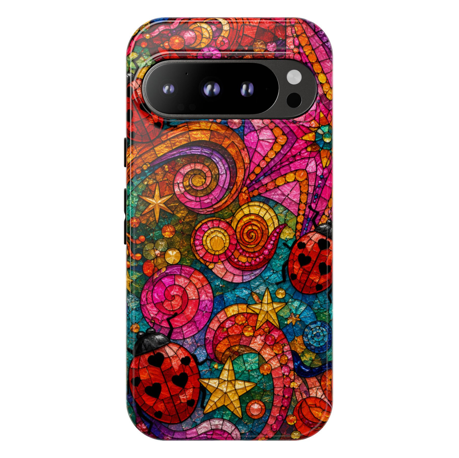 Protective Google Pixel 10 Pro phone case featuring a vibrant stained glass rainbow galaxy with swirling cosmic colors, stars, and celestial artwork.