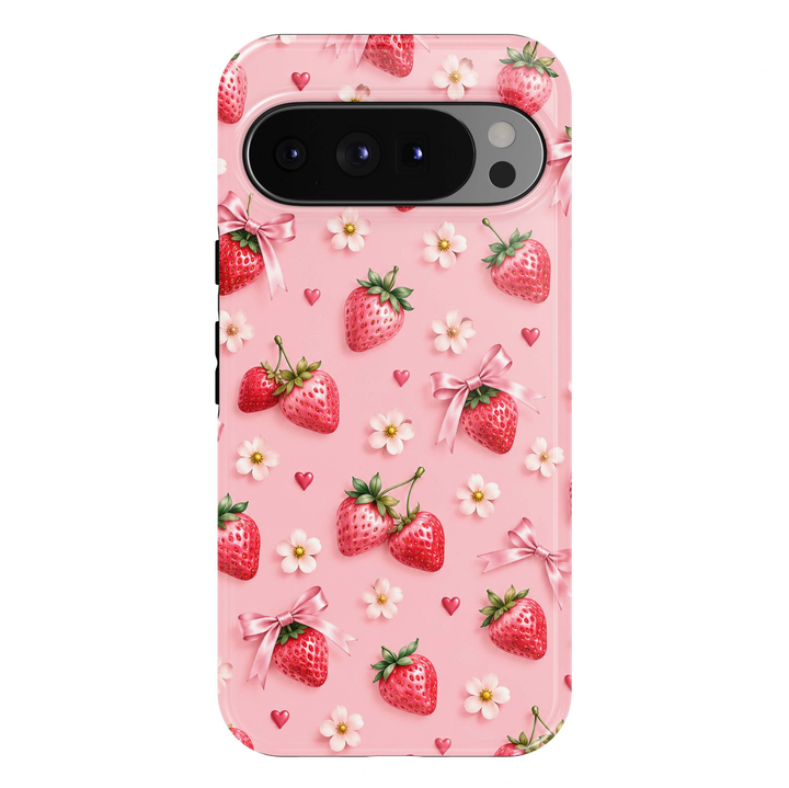Strawberry Kisses Google Pixel phone case featuring pink strawberries, satin ribbon bows, delicate white flowers and tiny red hearts on a pastel pink background.