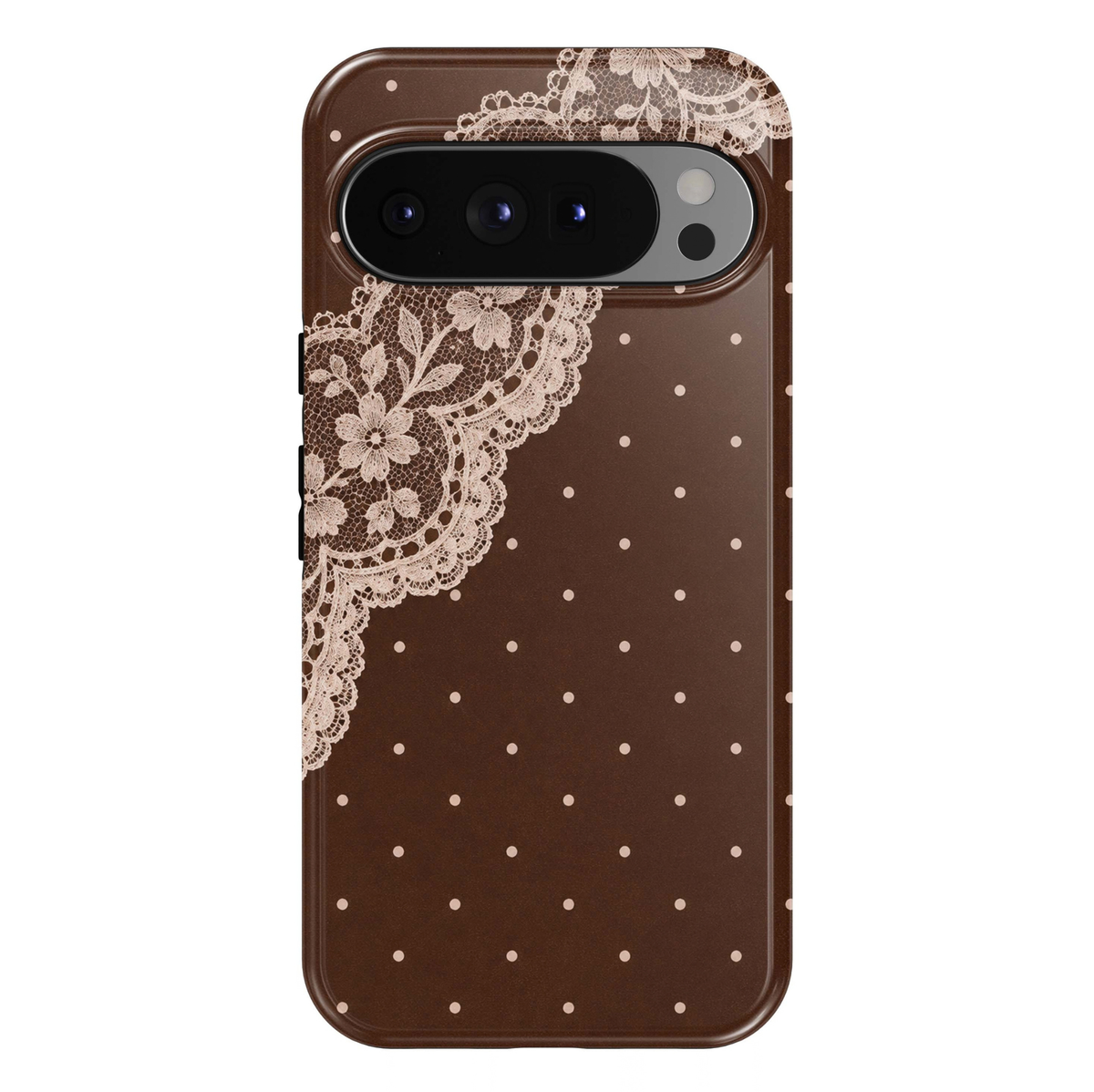 Cocoa Lace Charm Google Pixel phone case featuring delicate ivory floral lace detailing and small cream polka dots on a rich chocolate brown background.