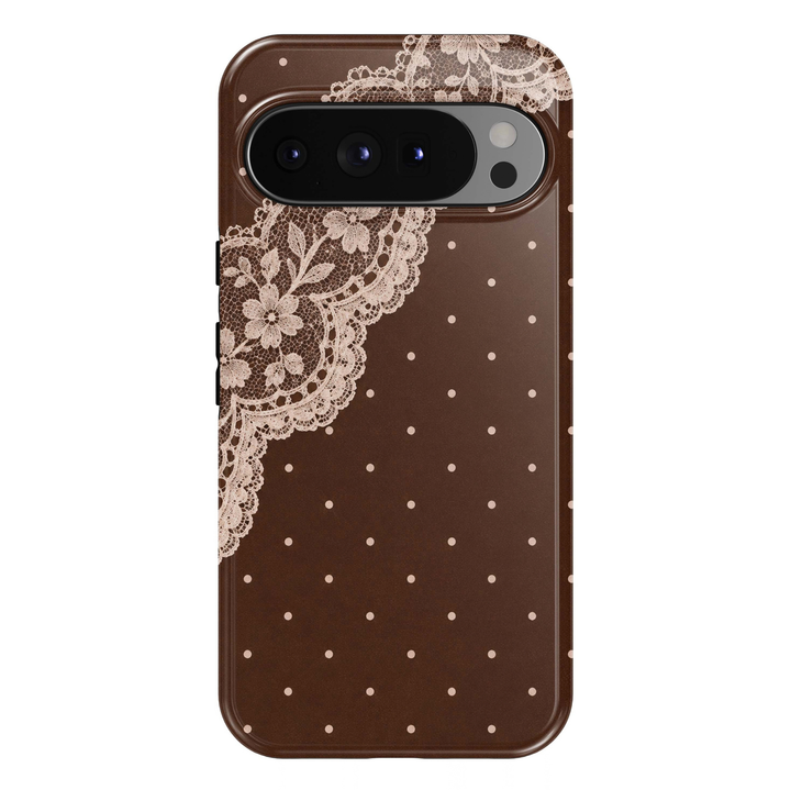 Cocoa Lace Charm Google Pixel phone case featuring delicate ivory floral lace detailing and small cream polka dots on a rich chocolate brown background.