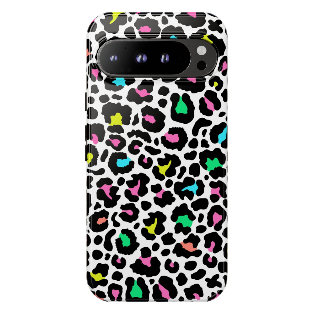 Colorful neon leopard print Google Pixel phone case – tough protective cover for Pixel 9, Pixel 10, Pixel 8 – girly trendy animal print phone cover for women.