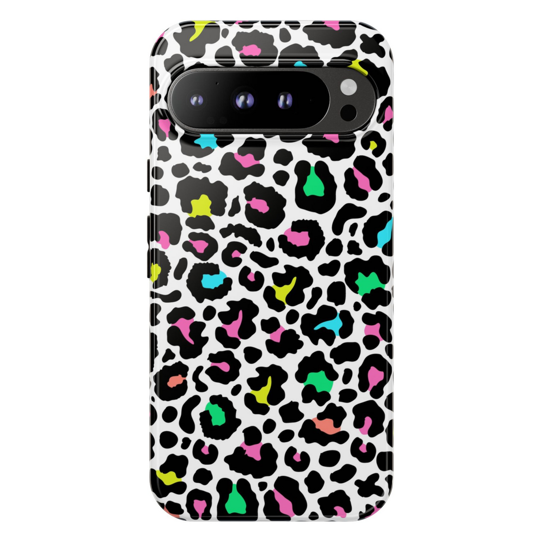 Colorful neon leopard print Google Pixel phone case – tough protective cover for Pixel 9, Pixel 10, Pixel 8 – girly trendy animal print phone cover for women.