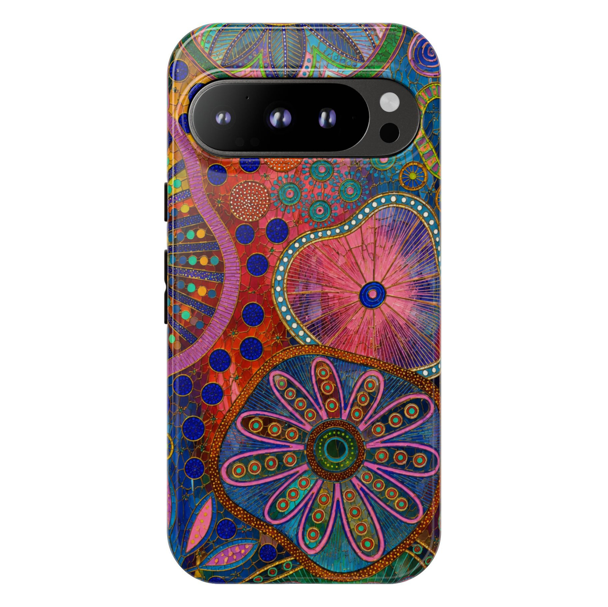 Protective Google Pixel 10 Pro phone case featuring colorful abstract floral mosaic artwork in vibrant pink, blue, teal, orange, and purple with durable dual-layer protection.
