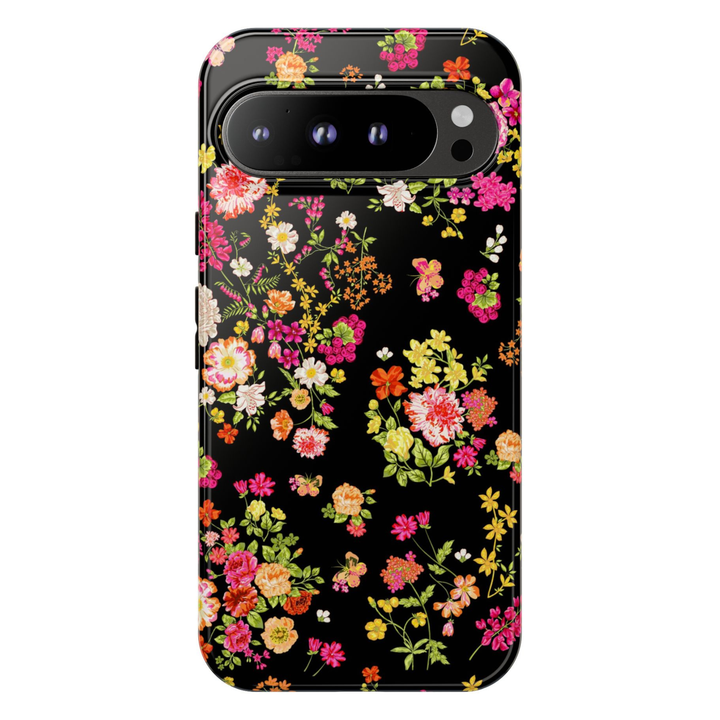 Colorful wildflower Google Pixel 10 Pro case with pink yellow and orange flowers butterfly botanical pattern on black background protective tough case compatible with Pixel 10 Pro Pixel 9 Pro and Pixel 8 Pro floral aesthetic phone cover.