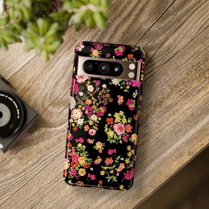 Colorful wildflower Google Pixel 10 Pro case with pink yellow and orange flowers butterfly botanical pattern on black background protective tough case compatible with Pixel 10 Pro Pixel 9 Pro and Pixel 8 Pro floral aesthetic phone cover.
