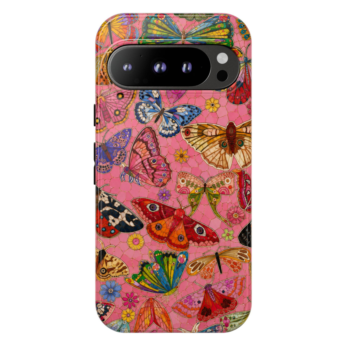 Protective Google Pixel 10 Pro phone case featuring colorful butterflies and moths on a vibrant pink mosaic background with detailed vintage-inspired artwork and dual-layer protection.