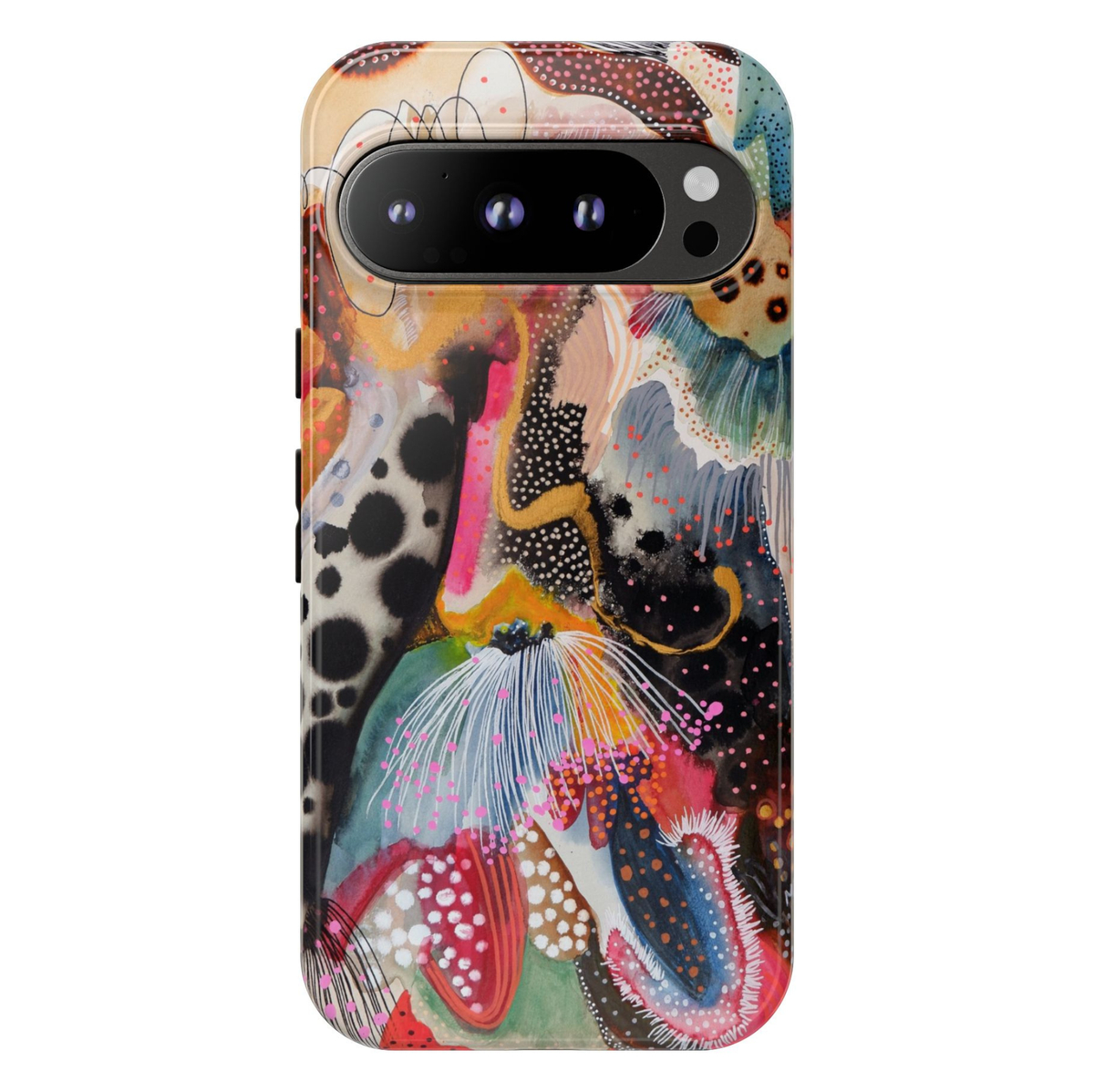 Google Pixel 10 protective phone case featuring a colorful modern abstract botanical design with painterly floral shapes, dotted textures, organic patterns, and vibrant contemporary artwork.