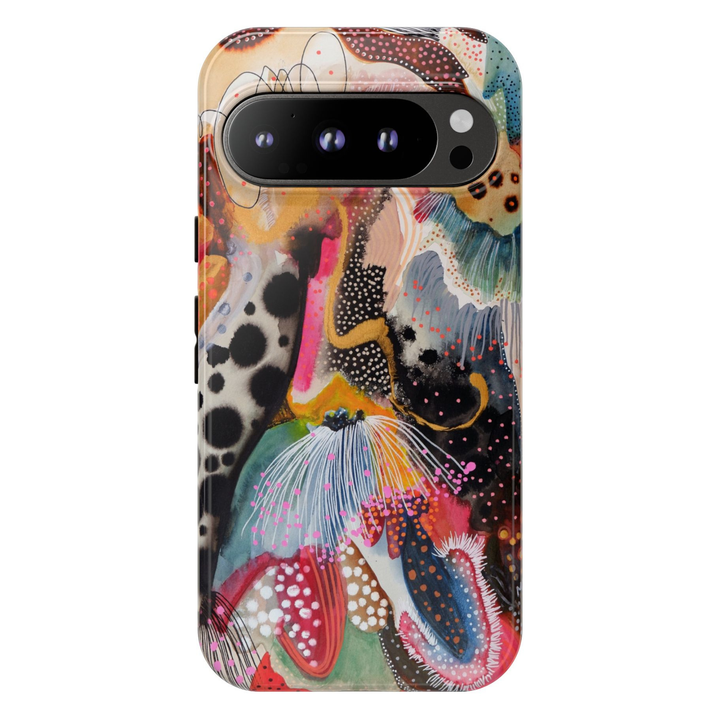 Google Pixel 10 protective phone case featuring a colorful modern abstract botanical design with painterly floral shapes, dotted textures, organic patterns, and vibrant contemporary artwork.