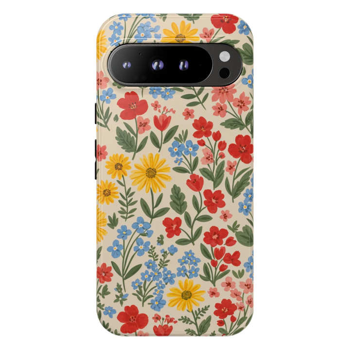 Colorful wildflower Google Pixel 10 Pro case with red yellow and blue meadow flowers on neutral background protective tough case compatible with Pixel 10 Pro Pixel 9 Pro and Pixel 8 Pro botanical floral phone cover.