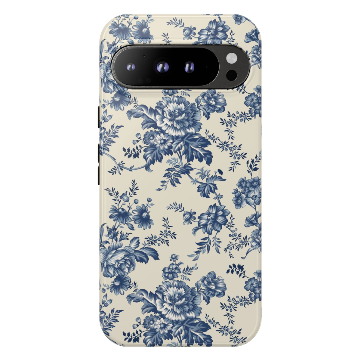 Blue toile floral Google Pixel 10 Pro case with vintage porcelain flower pattern on ivory background protective tough case compatible with Pixel 10 Pro Pixel 9 Pro and Pixel 8 Pro classic botanical phone cover.