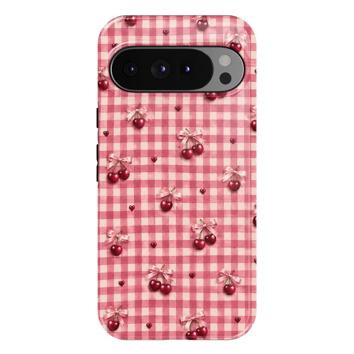 Cherry Picnic Google Pixel case featuring pink gingham checkered pattern, glossy red cherries, delicate pink bows and miniature burgundy hearts.