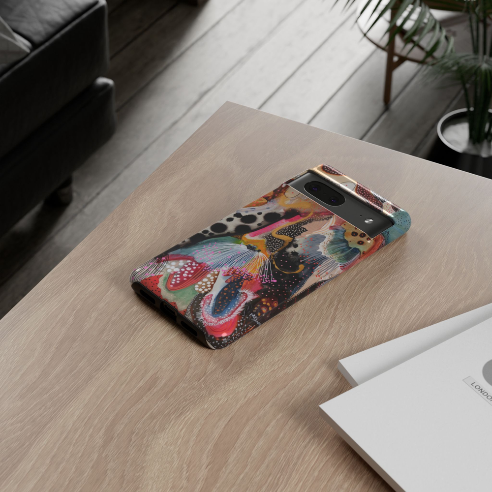 Google Pixel 10 protective phone case featuring a colorful modern abstract botanical design with painterly floral shapes, dotted textures, organic patterns, and vibrant contemporary artwork.
