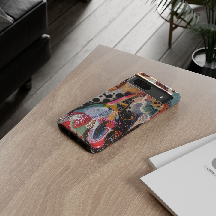 Google Pixel 10 protective phone case featuring a colorful modern abstract botanical design with painterly floral shapes, dotted textures, organic patterns, and vibrant contemporary artwork.