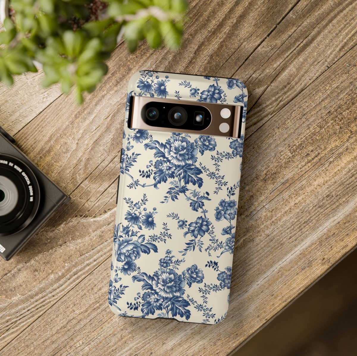 Blue toile floral Google Pixel 10 Pro case with vintage porcelain flower pattern on ivory background protective tough case compatible with Pixel 10 Pro Pixel 9 Pro and Pixel 8 Pro classic botanical phone cover.