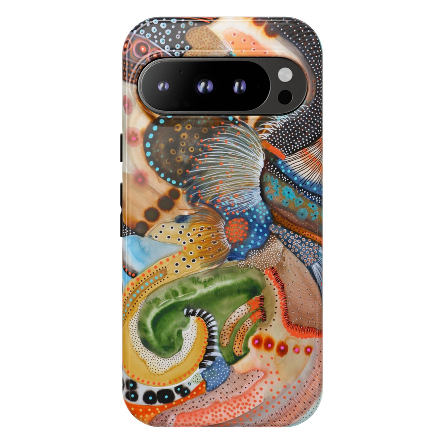 Google Pixel 10 protective phone case featuring a modern abstract botanical design with flowing organic shapes, earthy colors, intricate dotted textures, and contemporary artistic details.