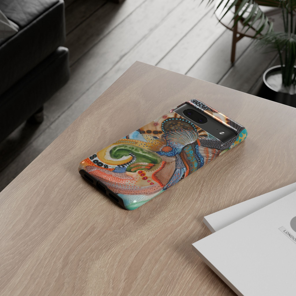 Google Pixel 10 protective phone case featuring a modern abstract botanical design with flowing organic shapes, earthy colors, intricate dotted textures, and contemporary artistic details.
