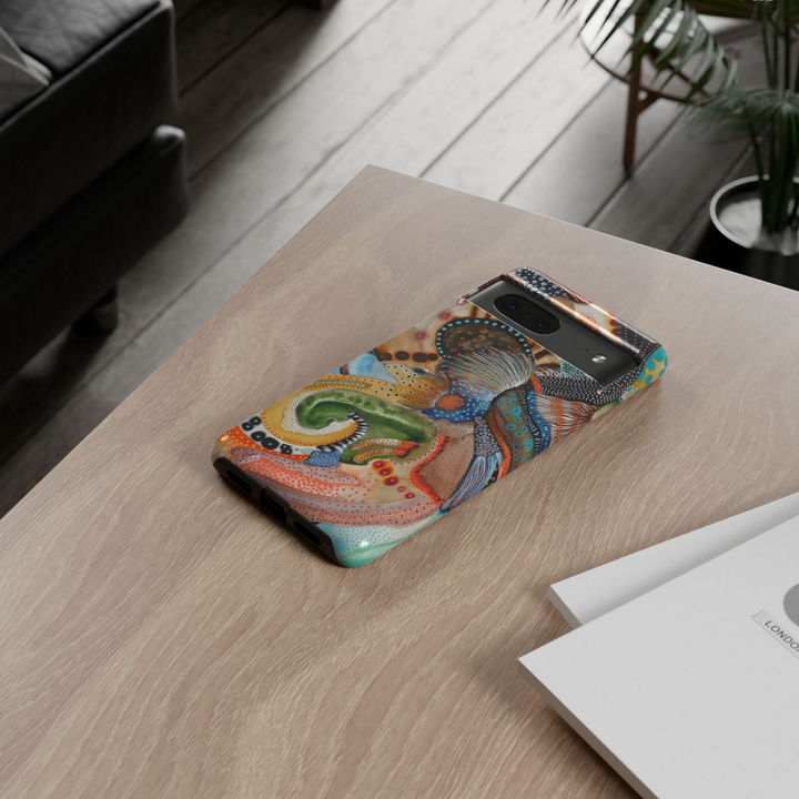 Google Pixel 10 protective phone case featuring a modern abstract botanical design with flowing organic shapes, earthy colors, intricate dotted textures, and contemporary artistic details.