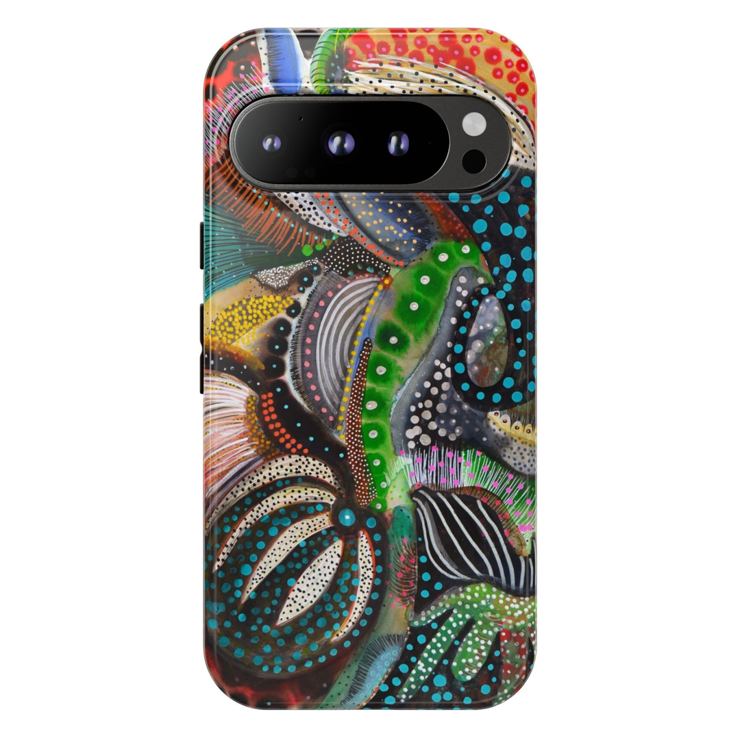Google Pixel 10 protective phone case featuring a colorful abstract botanical design with organic floral shapes, dotted textures, and modern artistic brushstrokes on a dark background.