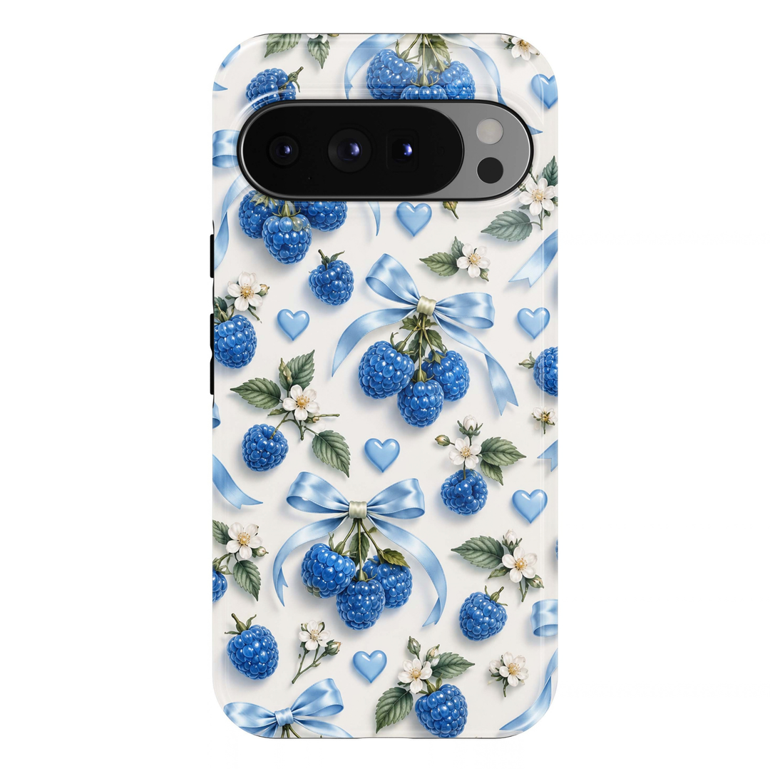 Blueberry Bows Google Pixel case featuring vibrant blue berries, baby blue satin ribbons, white blossoms, green leaves and pastel blue hearts on a white background.