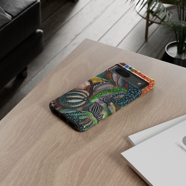 Google Pixel 10 protective phone case featuring a colorful abstract botanical design with organic floral shapes, dotted textures, and modern artistic brushstrokes on a dark background.