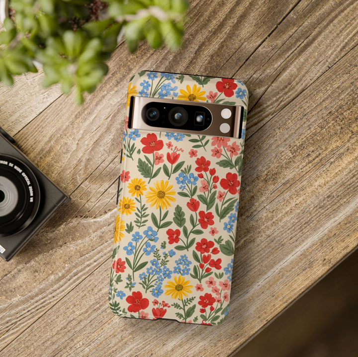 Colorful wildflower Google Pixel 10 Pro case with red yellow and blue meadow flowers on neutral background protective tough case compatible with Pixel 10 Pro Pixel 9 Pro and Pixel 8 Pro botanical floral phone cover.