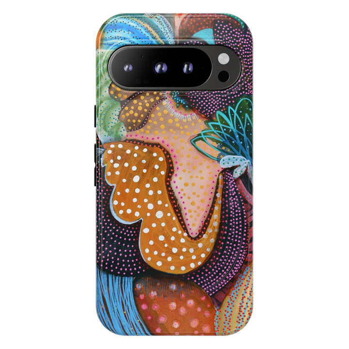 Google Pixel 10 protective phone case featuring colorful abstract mushrooms with dotted textures, organic shapes, and whimsical woodland artwork in teal, coral, mustard, pink, and brown.