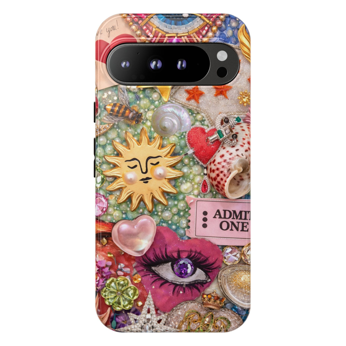 Colorful celestial collage Google Pixel 10 Pro case with sun eye hearts pearls shells and vintage charms protective tough case compatible with Pixel 10 Pro Pixel 9 Pro and Pixel 8 Pro retro aesthetic phone cover.