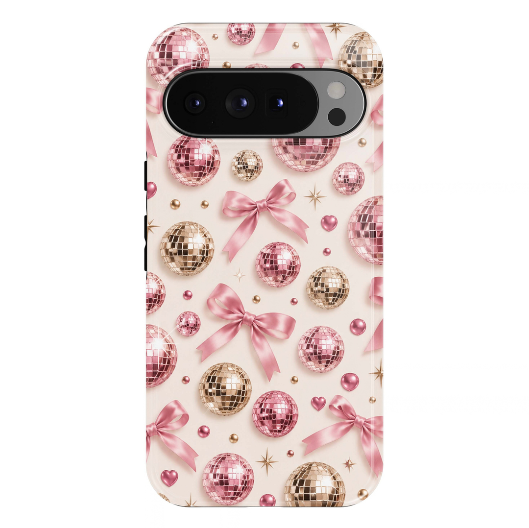 Disco Darling Google Pixel case featuring pink and champagne gold disco balls, satin pink bows, tiny hearts and golden stars on a soft ivory background.