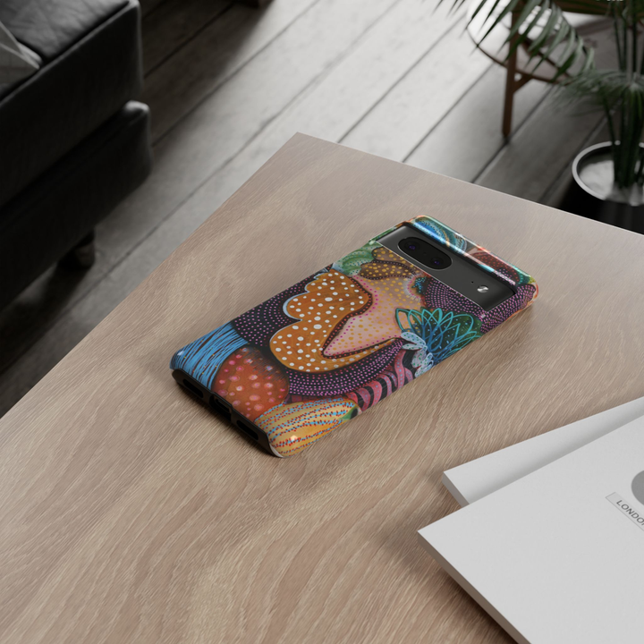 Google Pixel 10 protective phone case featuring colorful abstract mushrooms with dotted textures, organic shapes, and whimsical woodland artwork in teal, coral, mustard, pink, and brown.
