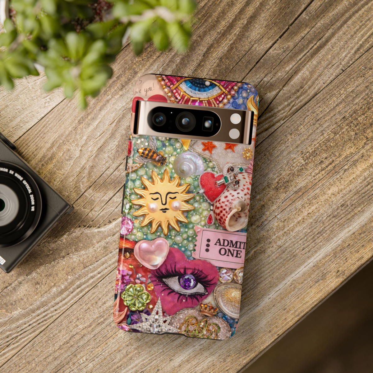 Colorful celestial collage Google Pixel 10 Pro case with sun eye hearts pearls shells and vintage charms protective tough case compatible with Pixel 10 Pro Pixel 9 Pro and Pixel 8 Pro retro aesthetic phone cover.