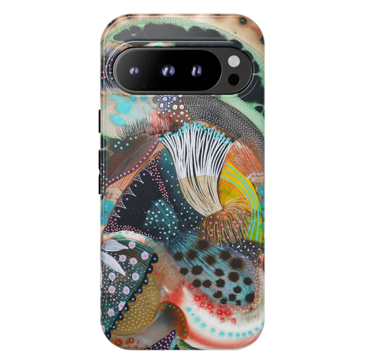 Google Pixel 10 protective phone case featuring a colorful abstract botanical illustration with organic shapes, textured patterns, earthy tones, teal accents, and whimsical modern artwork.