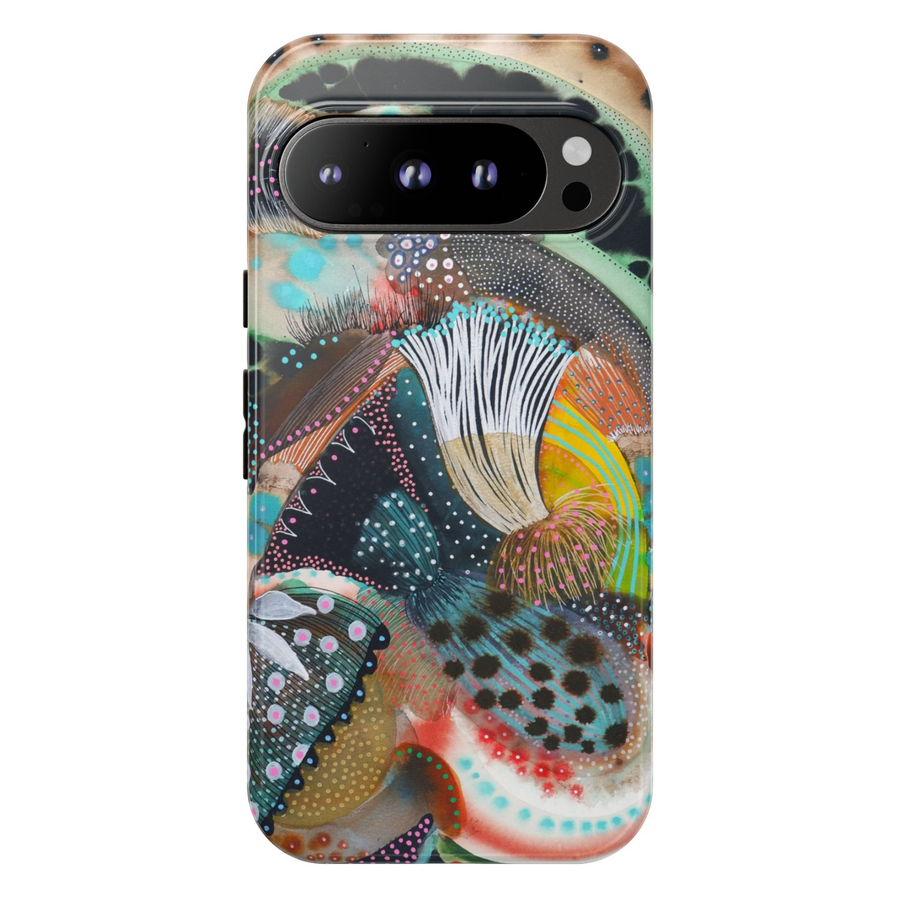 Google Pixel 10 protective phone case featuring a colorful abstract botanical illustration with organic shapes, textured patterns, earthy tones, teal accents, and whimsical modern artwork.