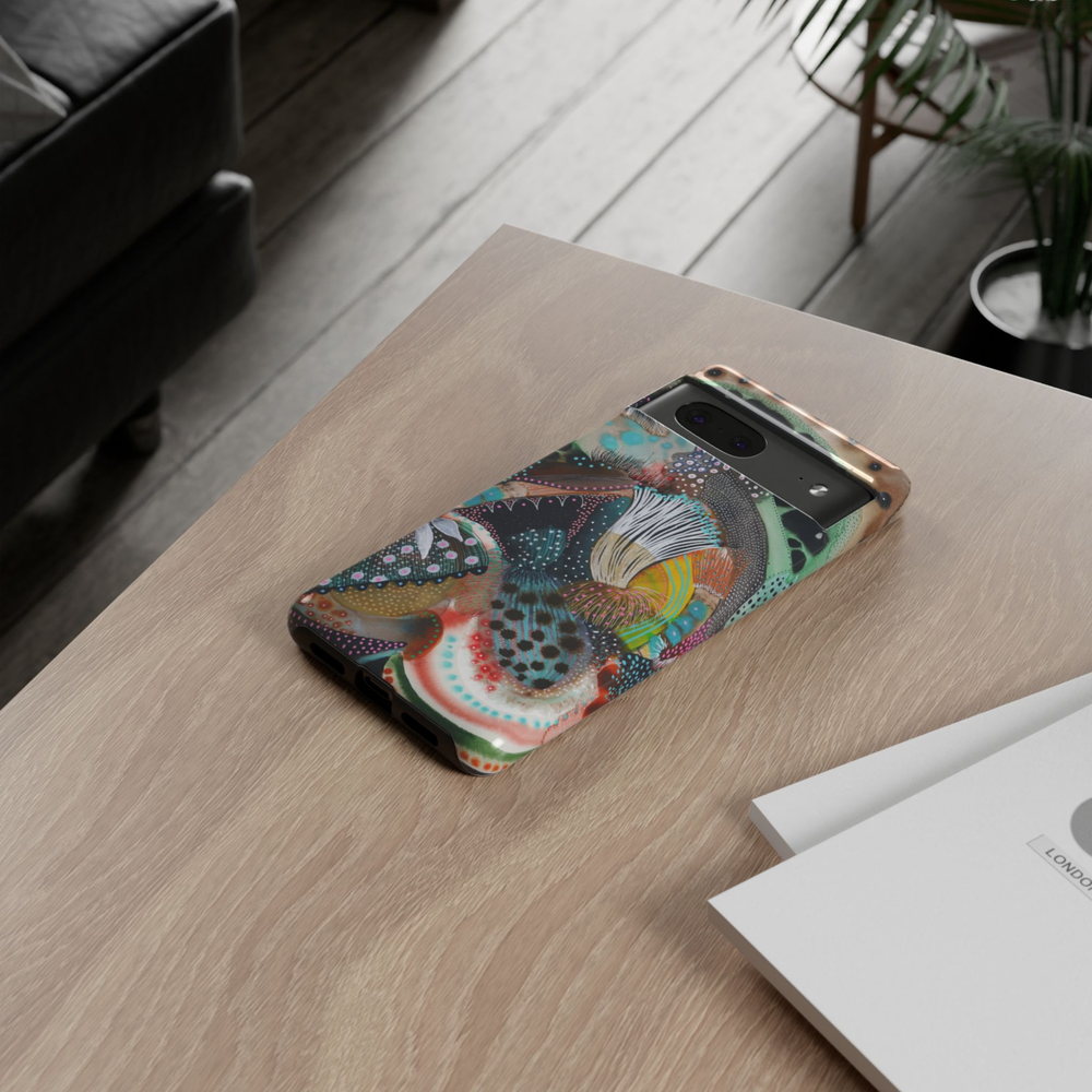 Google Pixel 10 protective phone case featuring a colorful abstract botanical illustration with organic shapes, textured patterns, earthy tones, teal accents, and whimsical modern artwork.