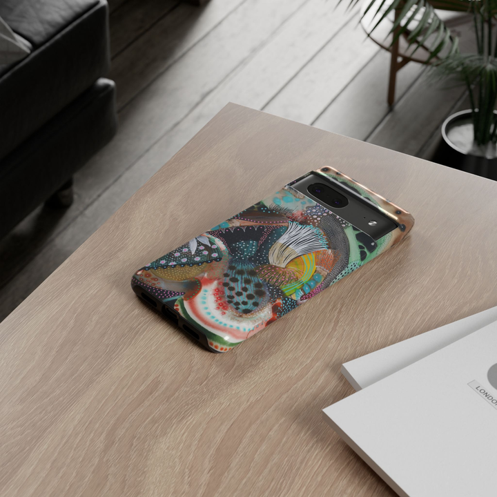 Google Pixel 10 protective phone case featuring a colorful abstract botanical illustration with organic shapes, textured patterns, earthy tones, teal accents, and whimsical modern artwork.