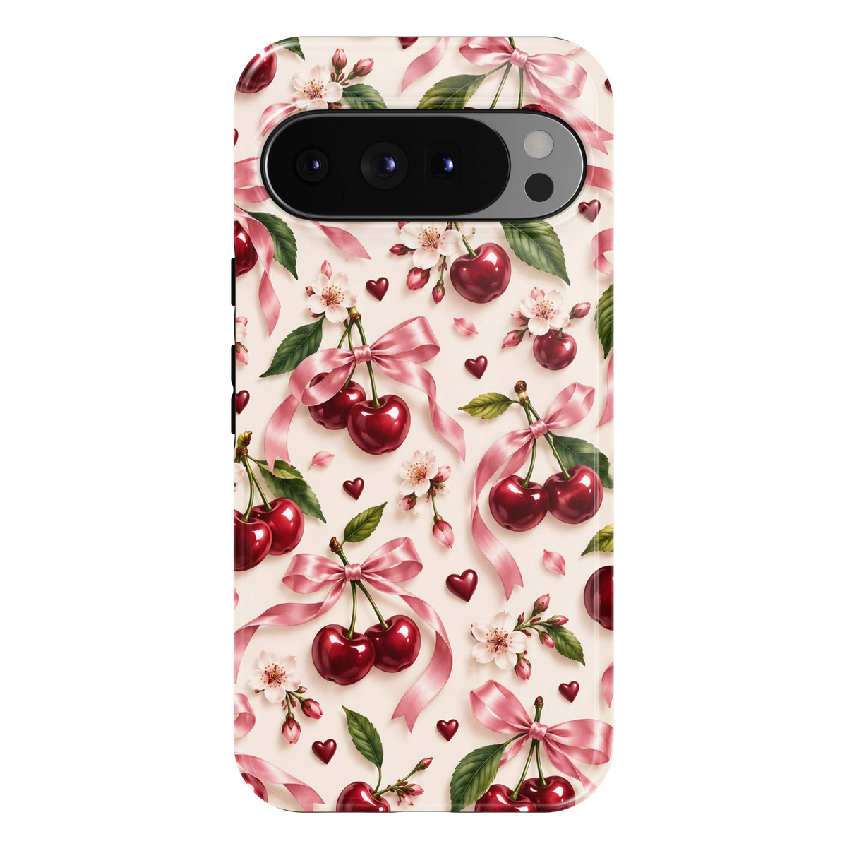 Cherry Sweetheart Google Pixel case featuring glossy red cherries, pink satin ribbon bows, delicate cherry blossoms and tiny red hearts on a cream background.