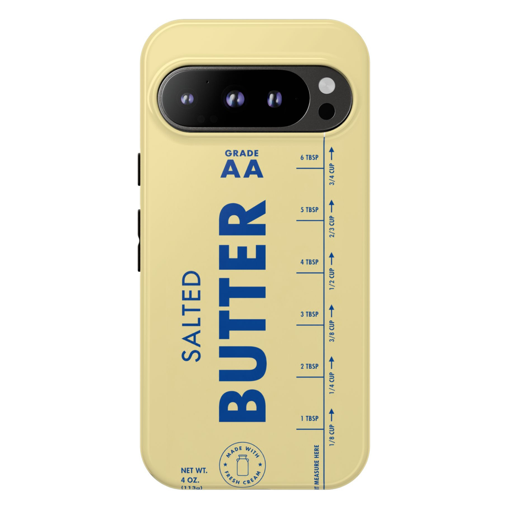 Protective Google Pixel 10 Pro phone case featuring a vintage salted butter stick label with butter-yellow background, bold blue typography, and retro kitchen-inspired design.