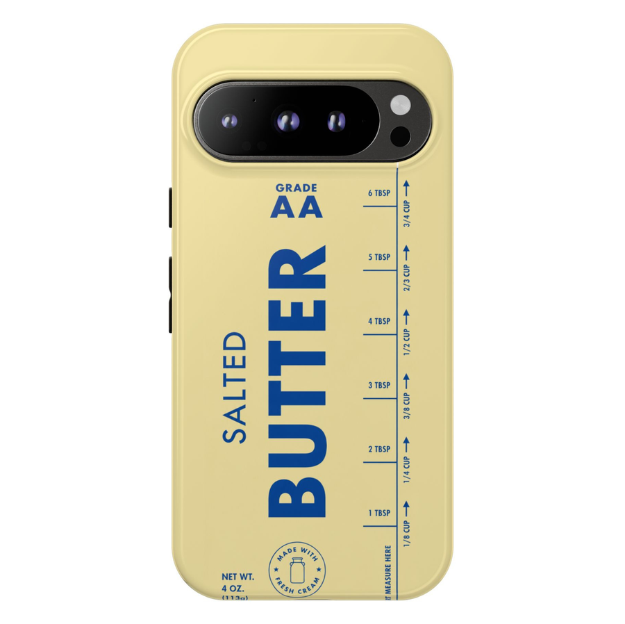 Protective Google Pixel 10 Pro phone case featuring a vintage salted butter stick label with butter-yellow background, bold blue typography, and retro kitchen-inspired design.