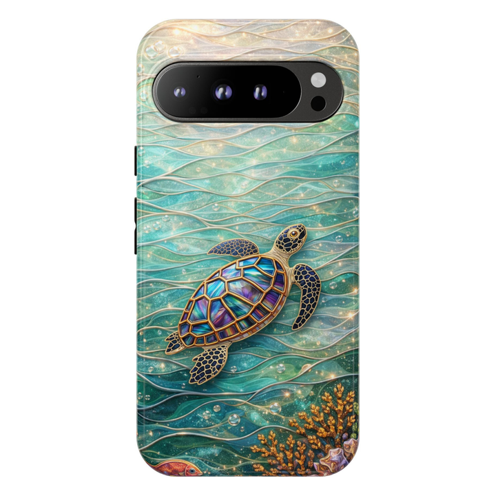 Sea turtle Google Pixel 10 Pro case with turquoise ocean waves coral and jewel style turtle design protective tough case compatible with Pixel 10 Pro Pixel 9 Pro and Pixel 8 Pro ocean aesthetic phone cover.