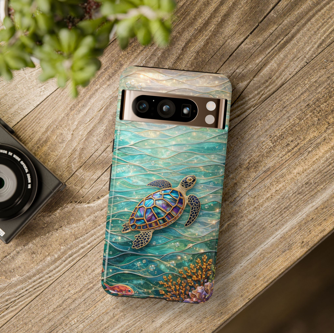 Sea turtle Google Pixel 10 Pro case with turquoise ocean waves coral and jewel style turtle design protective tough case compatible with Pixel 10 Pro Pixel 9 Pro and Pixel 8 Pro ocean aesthetic phone cover.