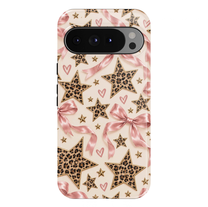 Wildly Sweet Google Pixel case featuring leopard print stars, pink satin bows, gold accents and hand-drawn pink hearts on a creamy ivory background.