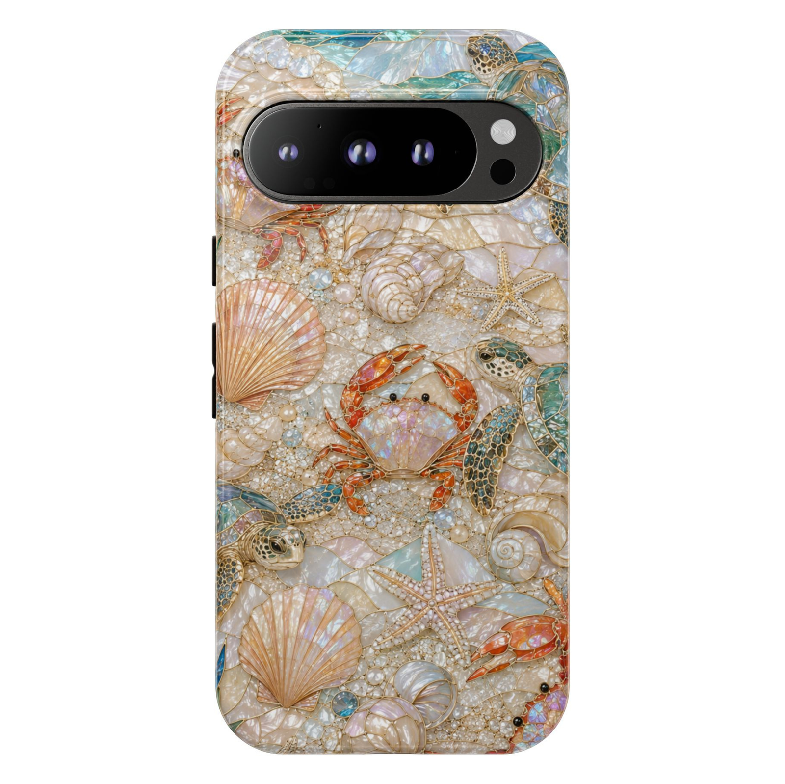 Protective Google Pixel 10 Pro phone case featuring sea turtles, crabs, seashells, pearls, and starfish in a luxurious pearlescent coastal mosaic design with durable dual-layer protection.