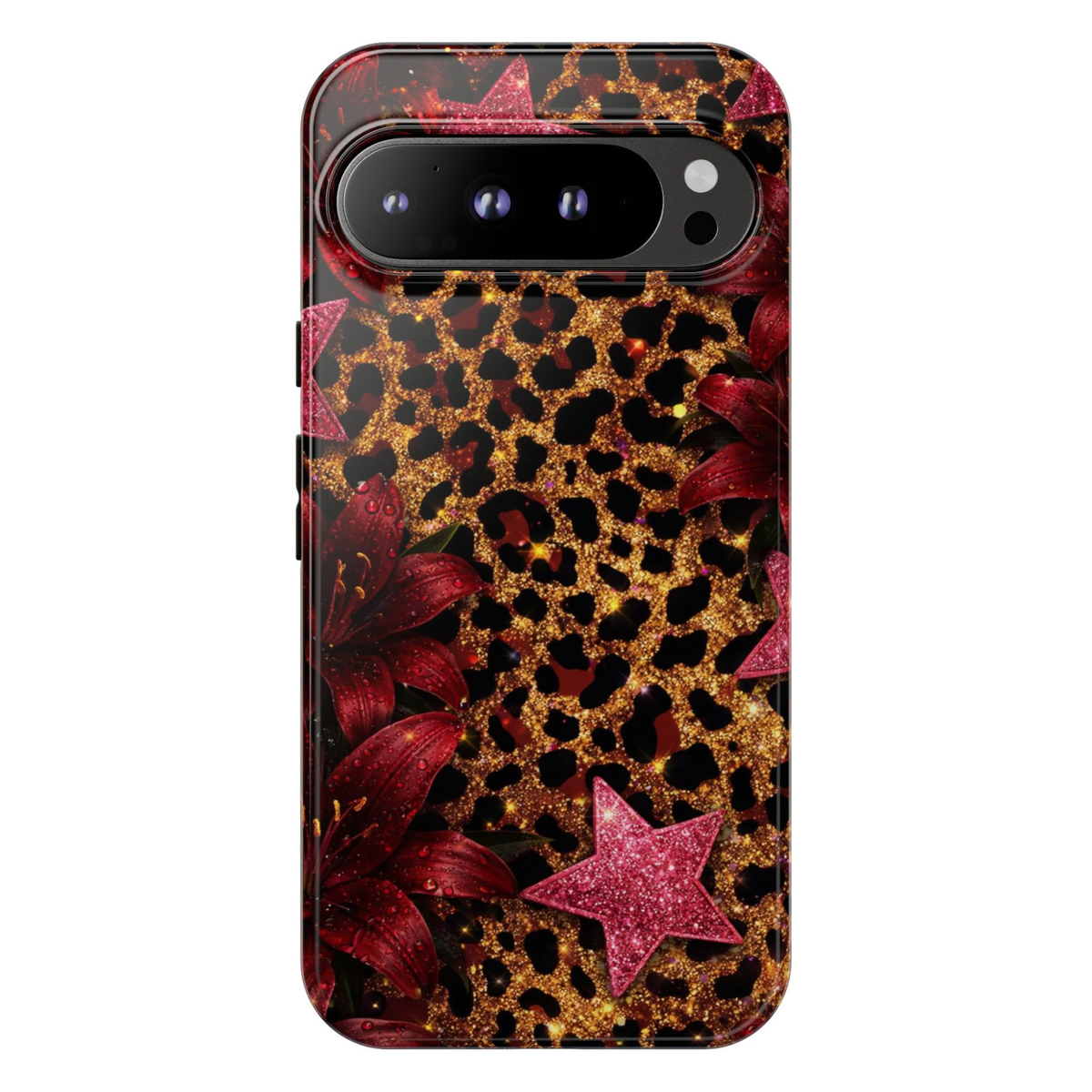 Leopard print Google Pixel 10 Pro case with gold leopard pattern red lilies and pink glitter stars protective tough case compatible with Pixel 10 Pro Pixel 9 Pro and Pixel 8 Pro glamorous animal print phone cover.