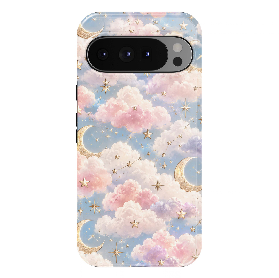 Cotton Candy Dreams Google Pixel case featuring fluffy pastel pink and lavender clouds, golden crescent moons and sparkling stars against a dreamy baby blue sky.